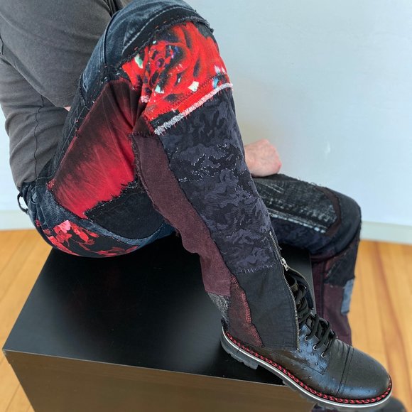 Acid Washed Black & Grey jeans with Metallic silver and CRIMSON Rose Tie Dye - Picture 15 of 17